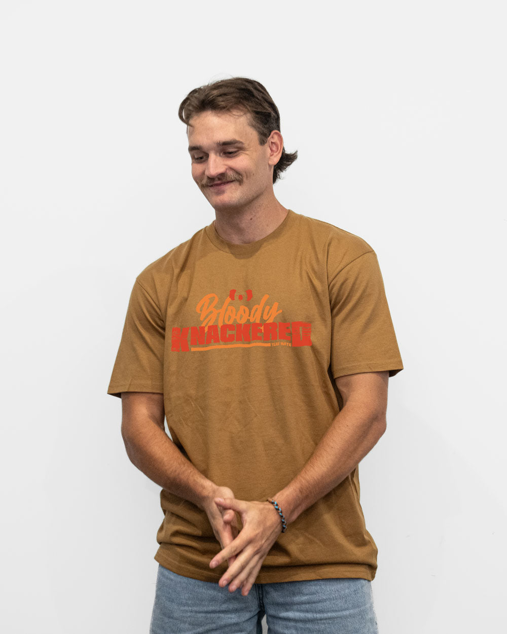 Premium Cotton Graphic T-shirt - Men's Fit - Bloody Knackered™ - Camel - Yeah Mate Freestyle™ Clothing Cool Male