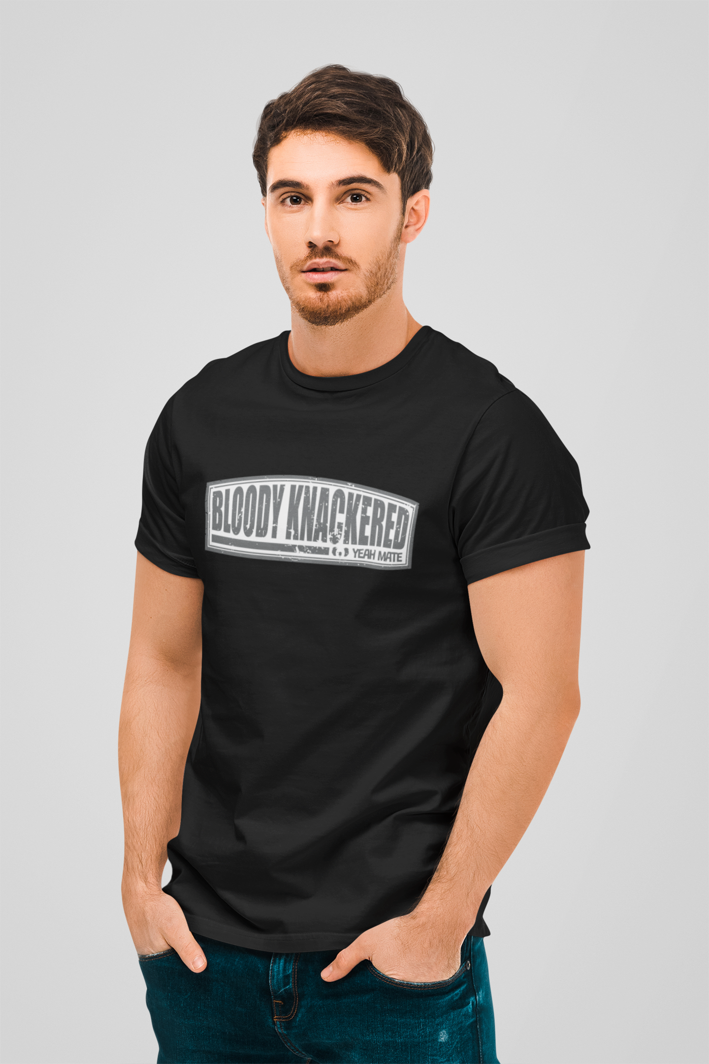 Premium Cotton Graphic T-shirt - Men's Fit - Bloody Knackered™ Badge - Black - Yeah Mate Freestyle™ Clothing Cool Male