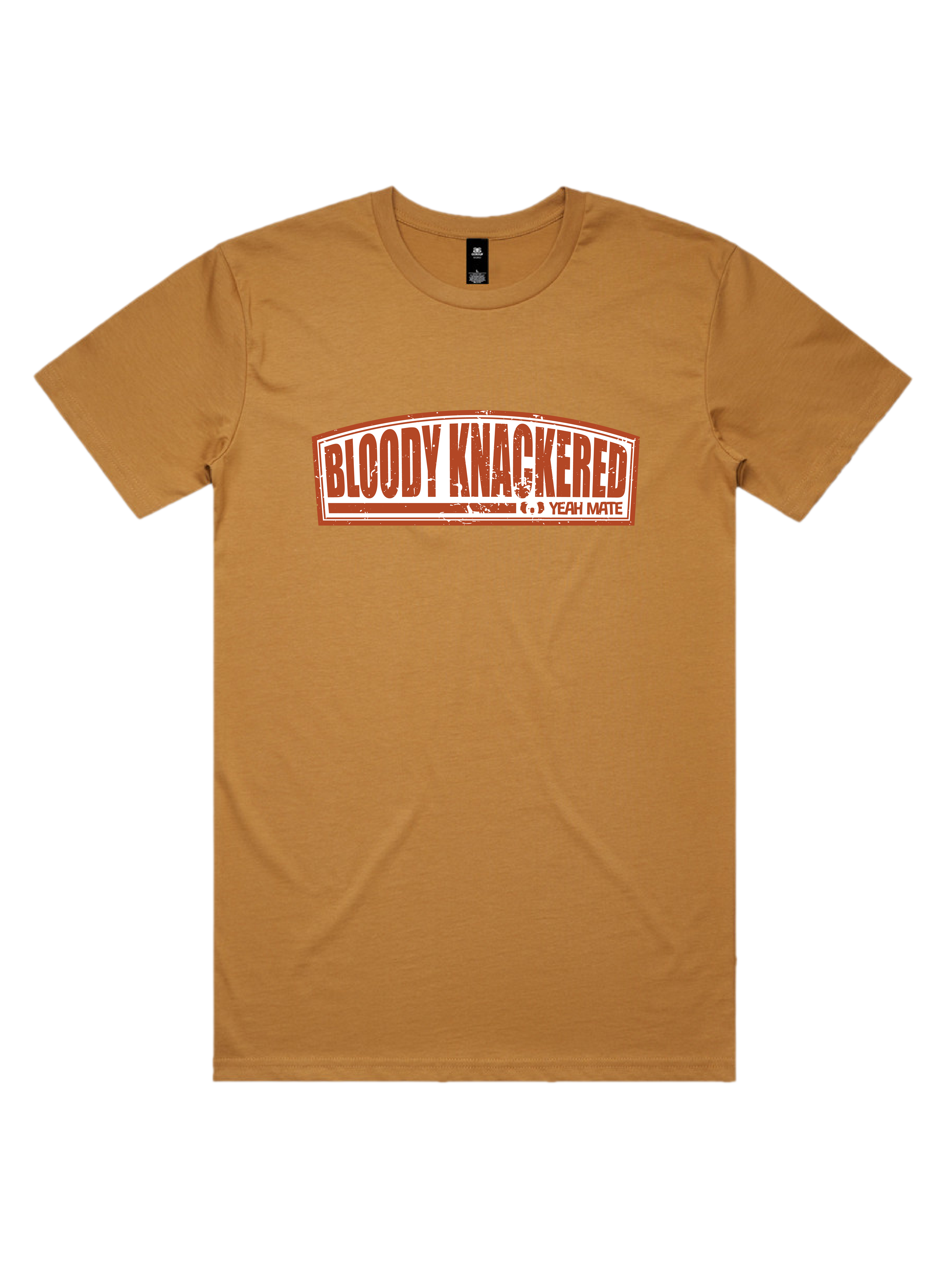 Premium Cotton Graphic T-shirt - Men's Fit - Bloody Knackered™ Badge - Camel - Yeah Mate Freestyle™ Clothing