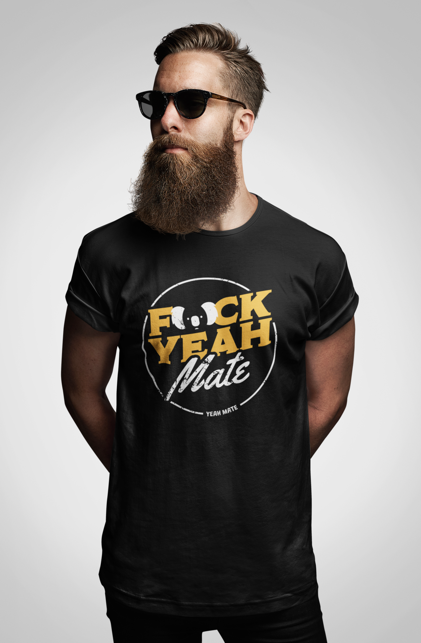 Premium Cotton Graphic T-shirt - Men's Fit - F🐨ck Yeah Mate™  - Black - Yeah Mate Freestyle™ Clothing Male Model