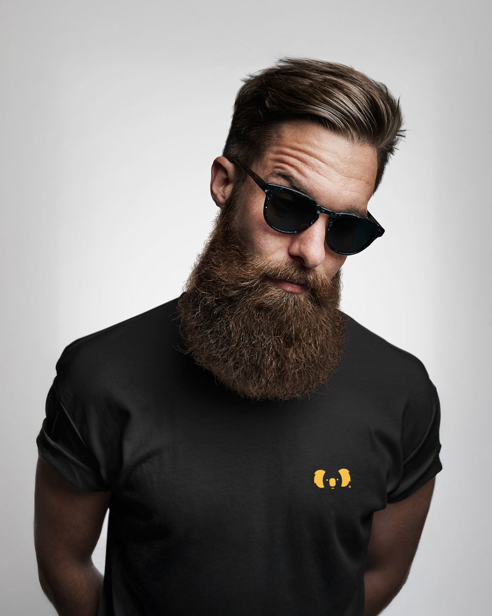Premium Cotton Graphic T-shirt - Men's Fit - YM Koala Logo - Black - Yeah Mate Classic™ Clothing Bearded Male