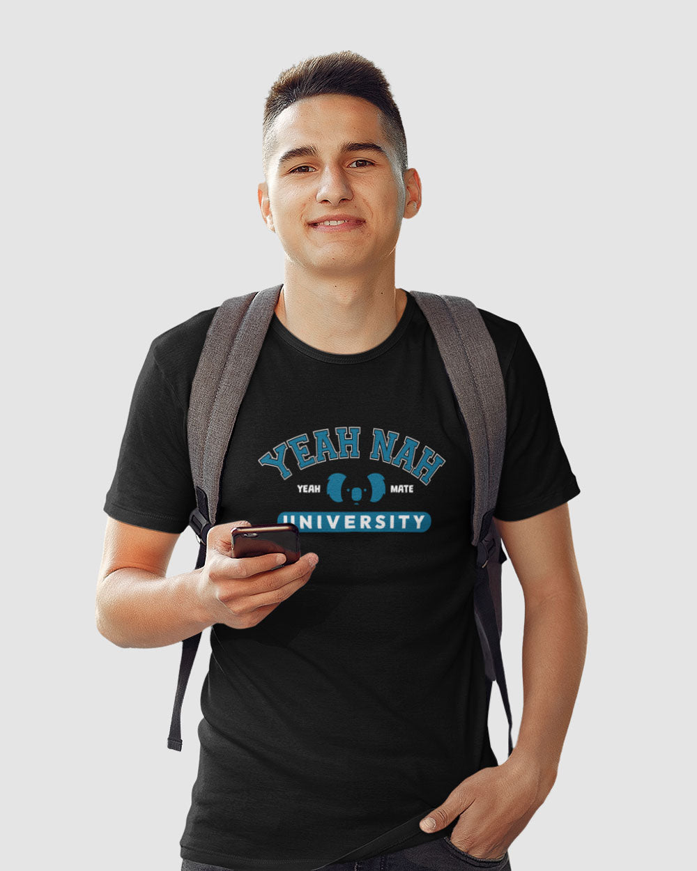 Premium Cotton Graphic T-shirt - Men's Fit - Yeah Nah University™  - Black - Yeah Mate Freestyle™ Clothing Male  Model