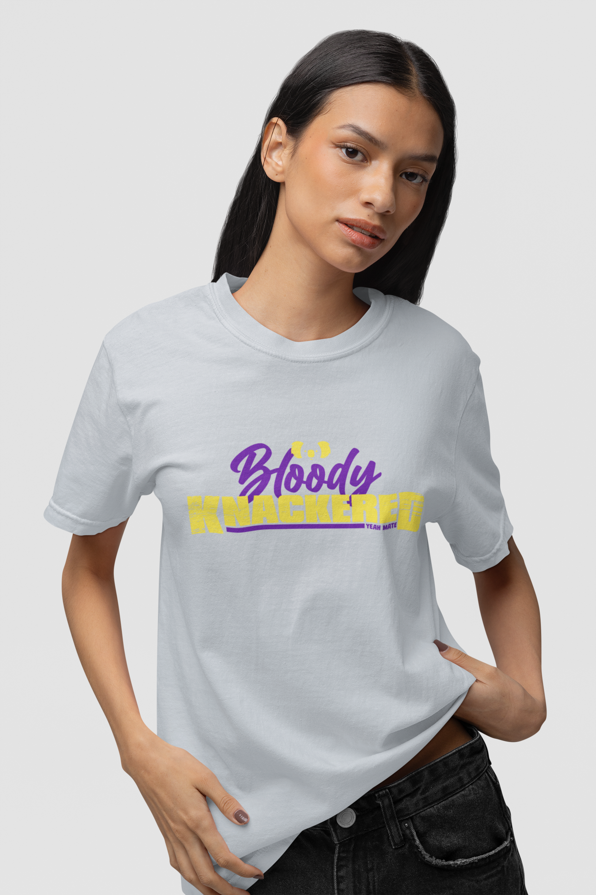 Premium Cotton Graphic T-shirt - Women's Fit - Bloody Knackered™ - Powder - Yeah Mate Freestyle™ Clothing Female Model