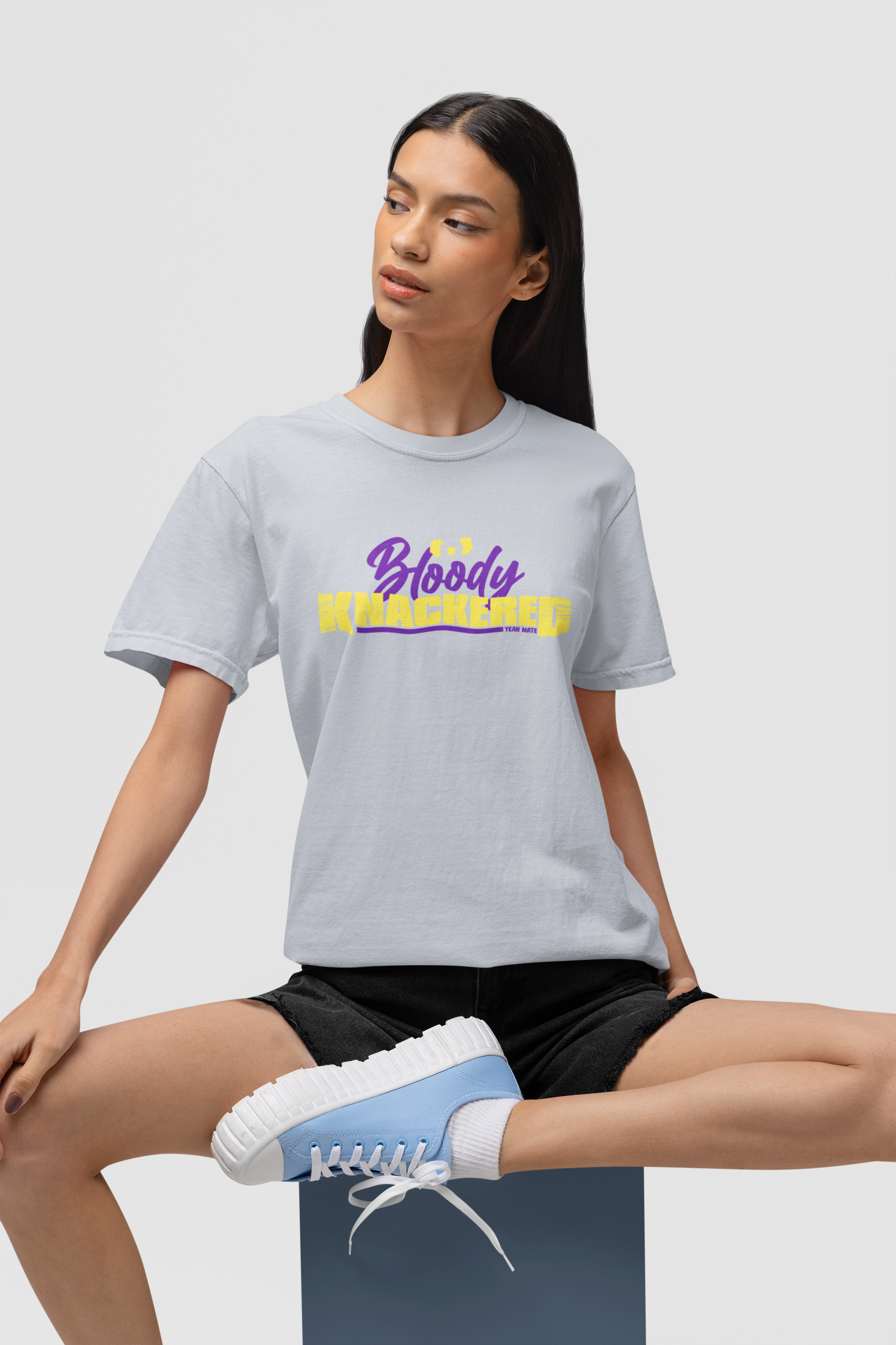 Premium Cotton Graphic T-shirt - Women's Fit - Bloody Knackered™ - Powder - Yeah Mate Freestyle™ Clothing Female Model Sitting