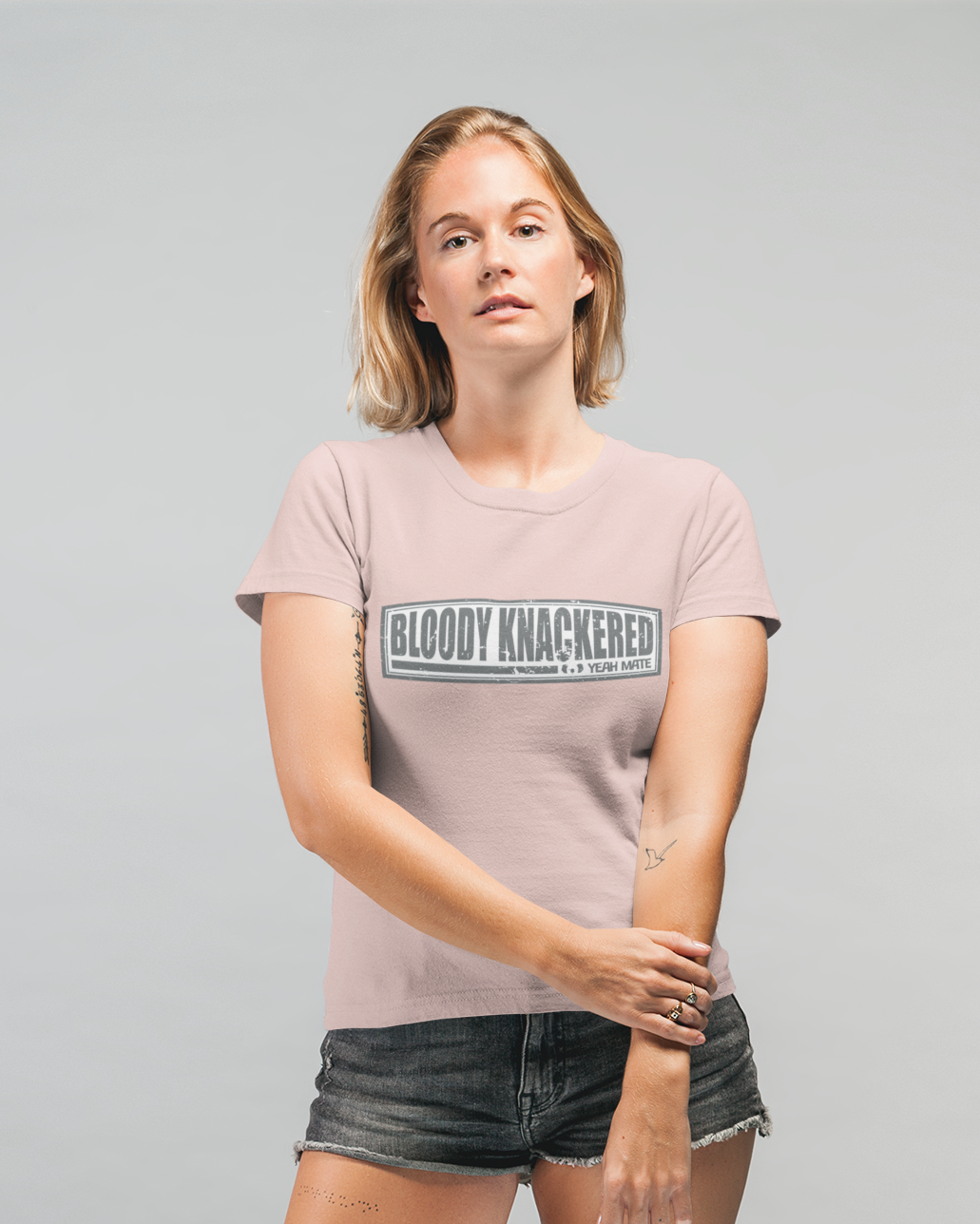 Premium Cotton Graphic T-shirt - Women's Fit - Bloody Knackered™ Badge - Pink - Yeah Mate Freestyle™ Clothing Female Model