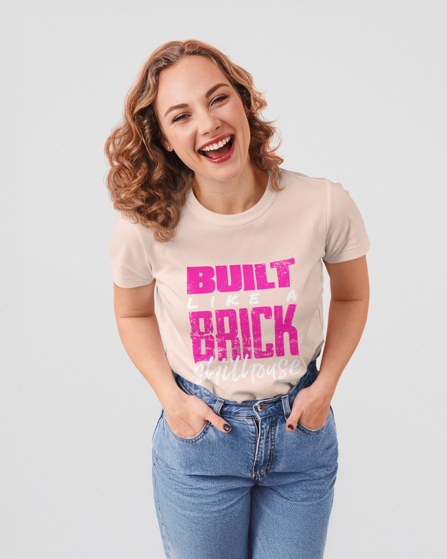 Premium Cotton Graphic T-shirt - Women's Fit - Built like a Brick Shithouse™ - Pink - Yeah Mate Freestyle™ Clothing Female Model