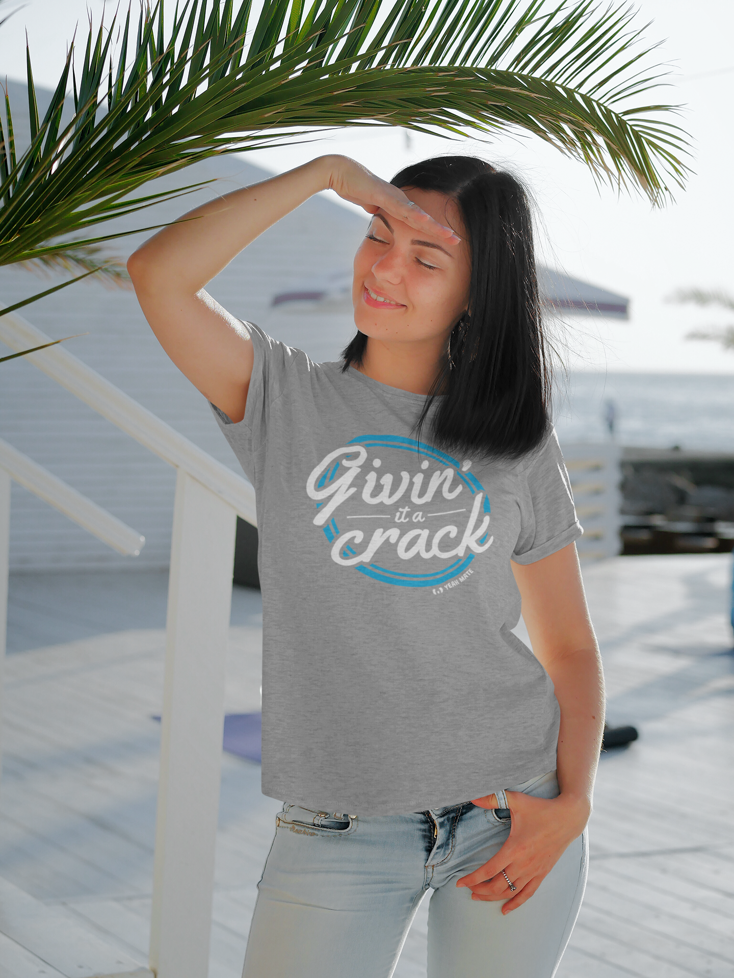 Premium Cotton Graphic T-shirt - Women's Fit - Givin it a Crack™ - Grey Marle - Yeah Mate Freestyle™ Clothing Female Model