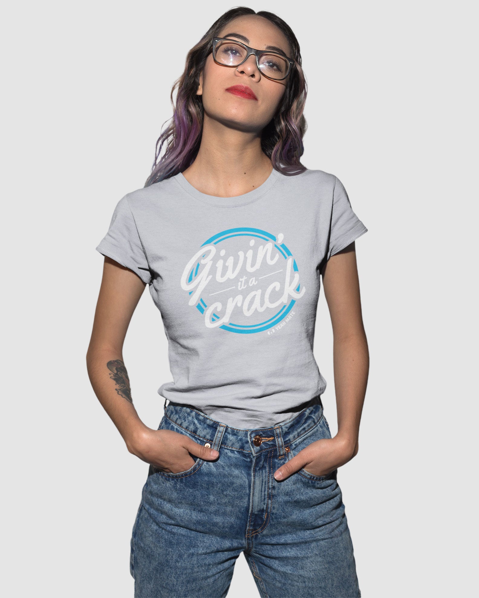 Premium Cotton Graphic T-shirt - Women's Fit - Givin it a Crack™ - Powder - Yeah Mate Freestyle™ Clothing  Female Model