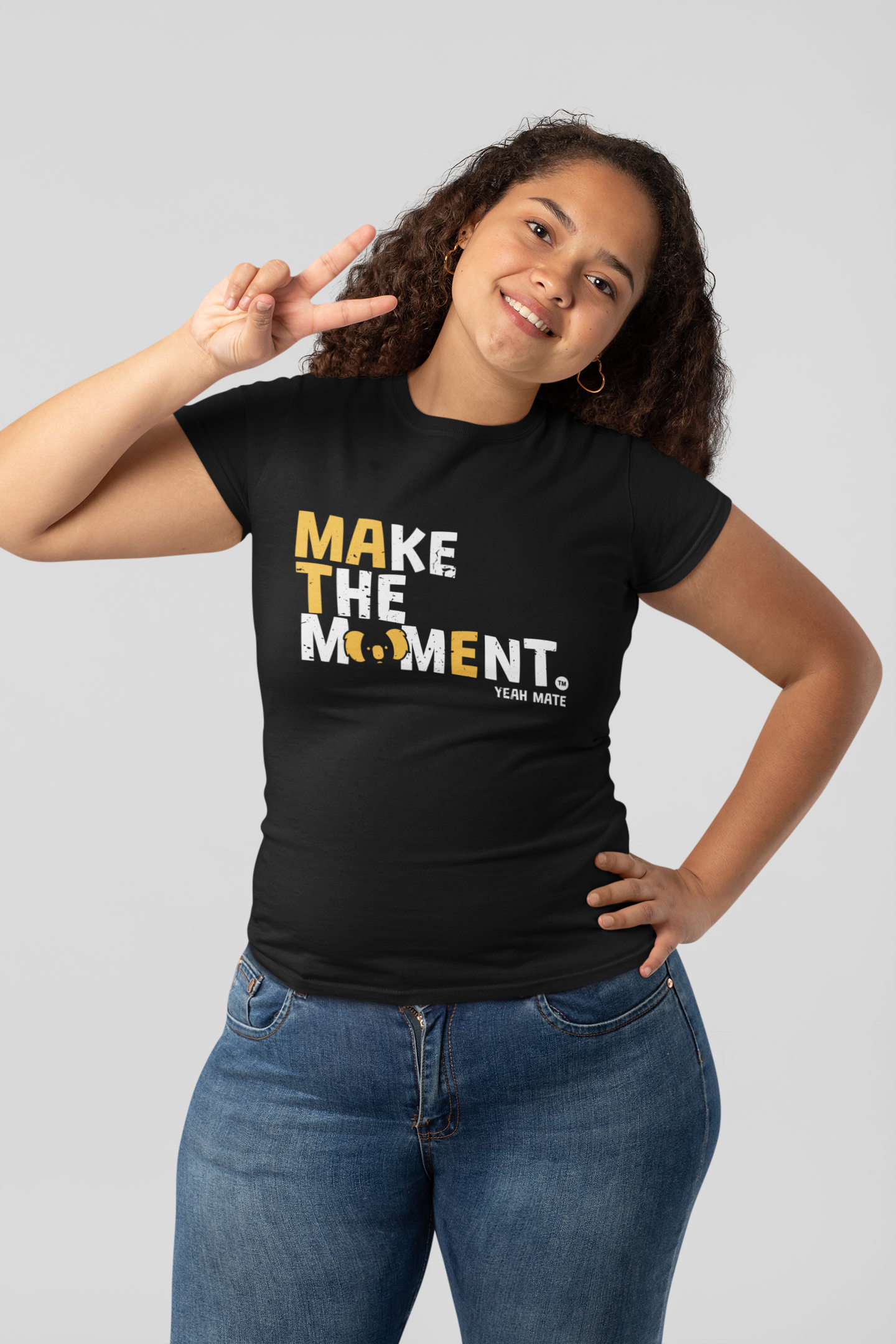 Premium Cotton Graphic T-shirt - Women's Fit - MAKE THE MOMENT™ - Black - Yeah Mate Freestyle™ Clothing Female Model