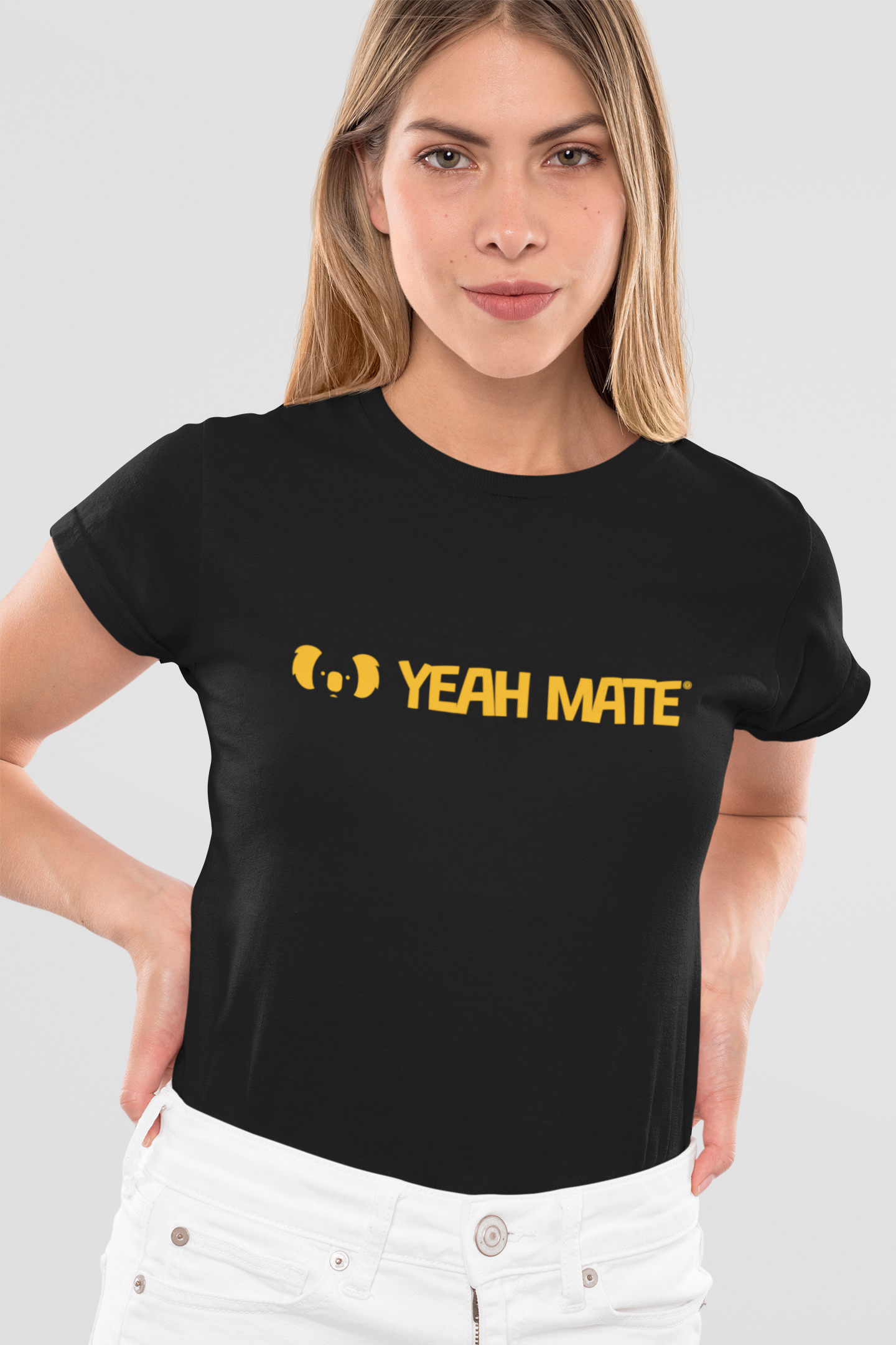 Premium Cotton Graphic T-shirt - Women's Fit - YM Linear Logo - Black - Yeah Mate Classic™ Clothing Female Model

