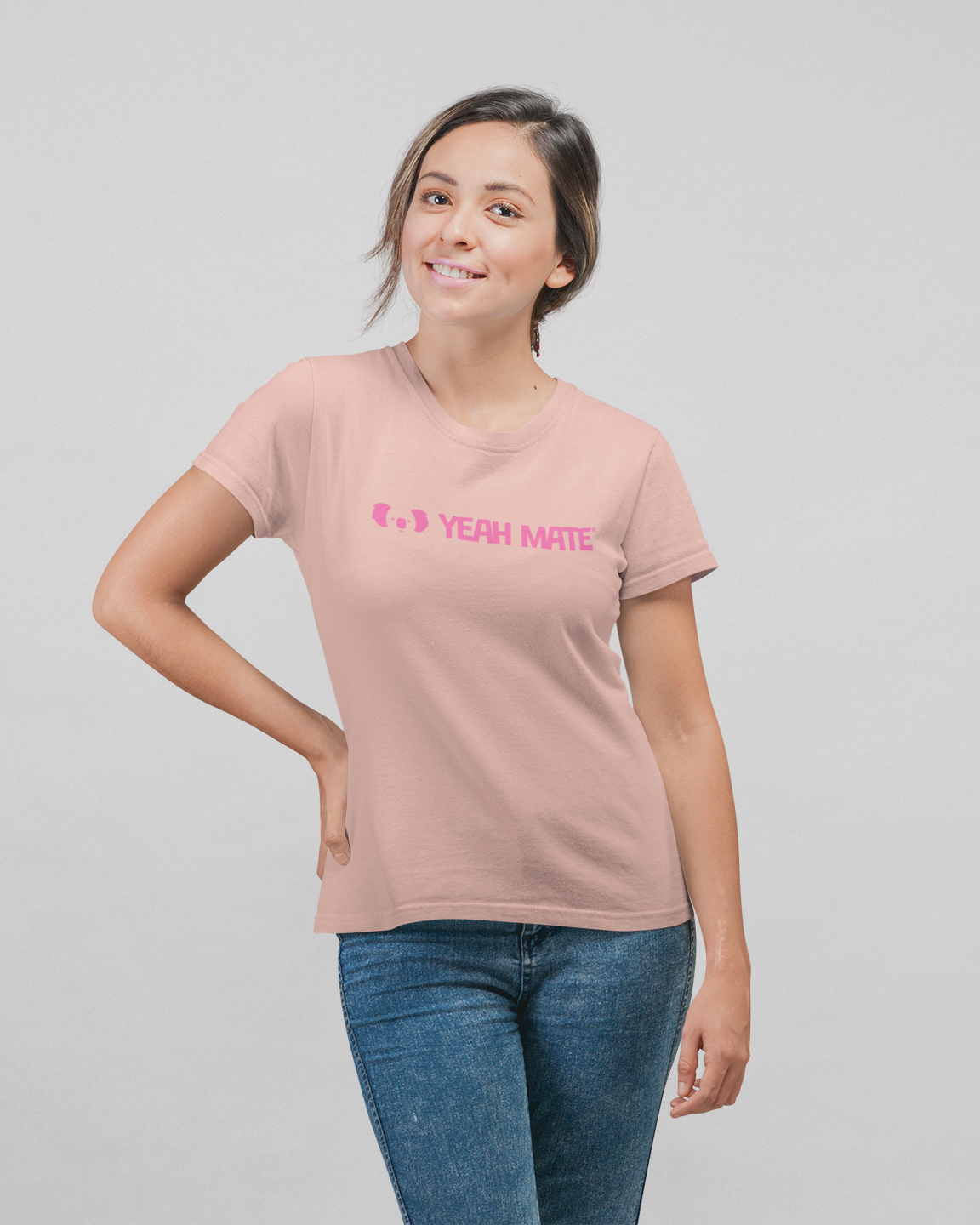 Premium Cotton Graphic T-shirt - Women's Fit - YM Linear Logo - Pink - Yeah Mate Freestyle™ Clothing Female Model