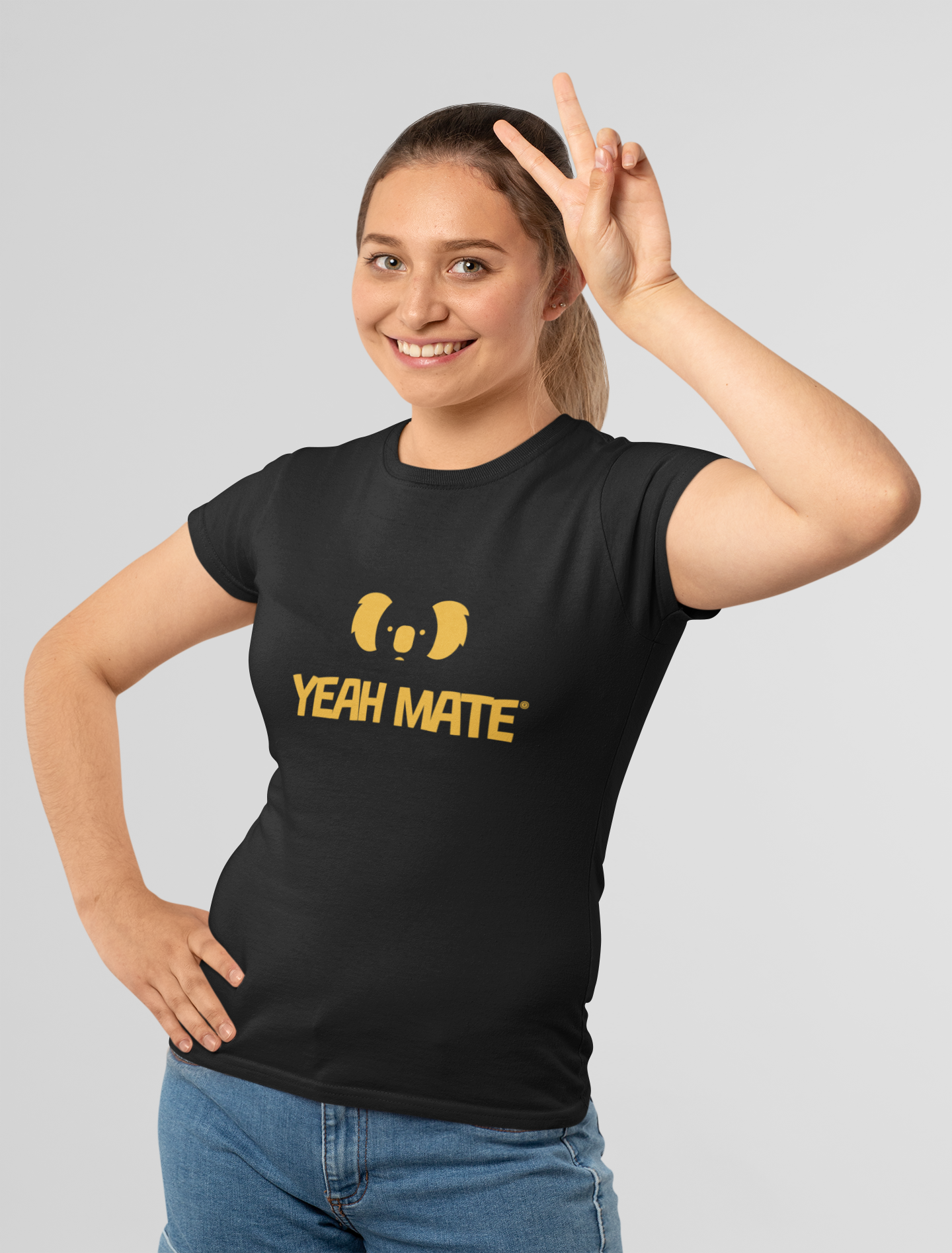 Premium Cotton Graphic T-shirt - Women's Fit - YM Stacked Logo - Black - Yeah Mate Classic™ Clothing
Female Model