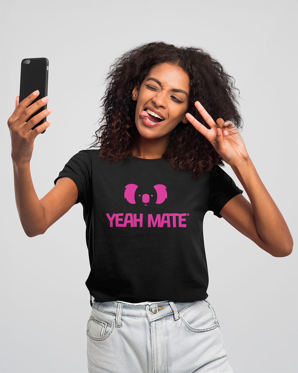 Premium Cotton Graphic T-shirt - Women's Fit - YM Stacked Logo - Black - Yeah Mate Freestyle™ Clothing Fun Model