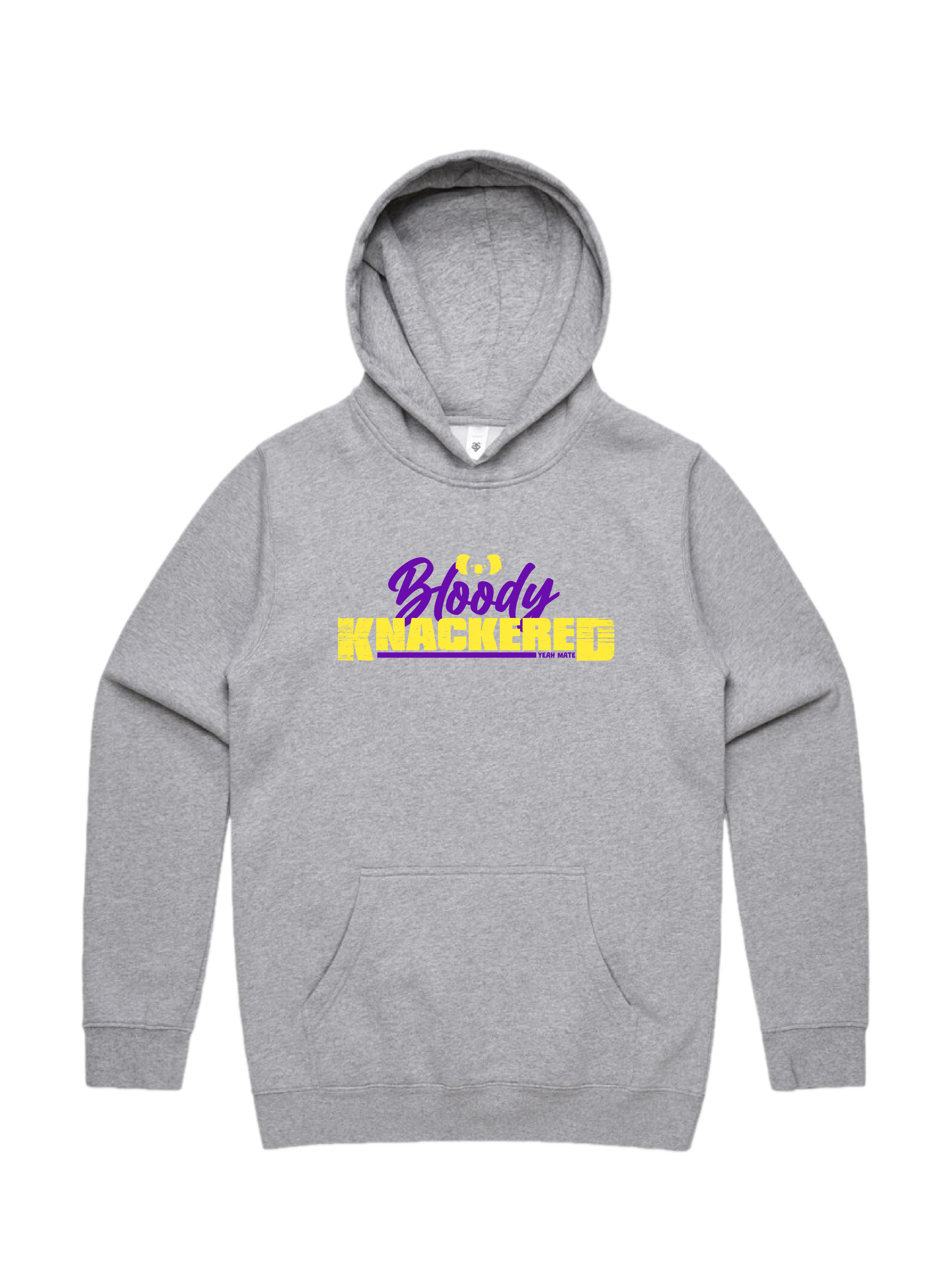 Premium Cotton Hoodie - Unisex Fit - Bloody Knackered™ 2 - Grey Marle - Yeah Mate Freestyle™ Clothing
