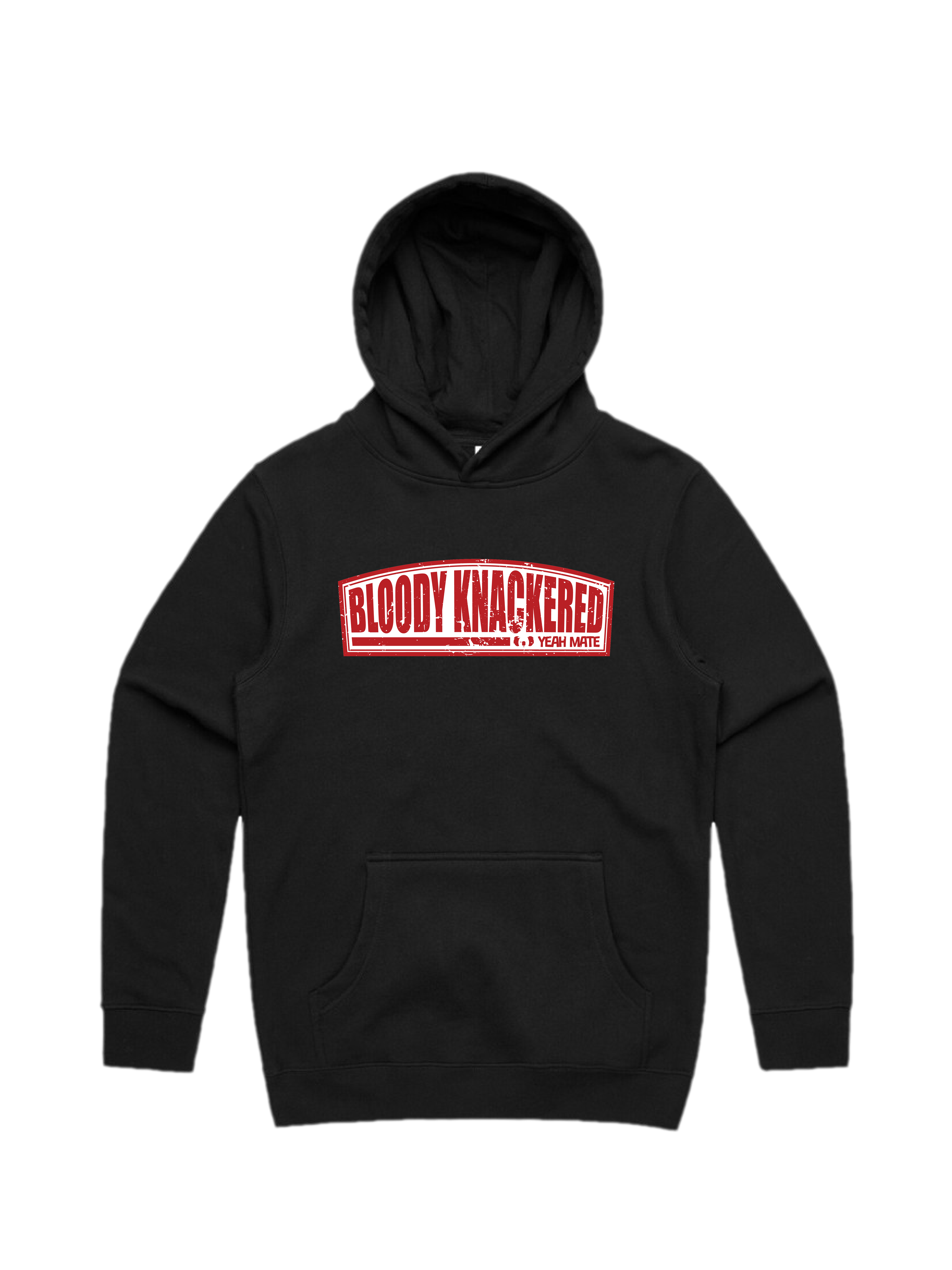 Premium Cotton Hoodie - Unisex Fit - Bloody Knackered™ Badge 1 - Black - Yeah Mate Freestyle™ Clothing
