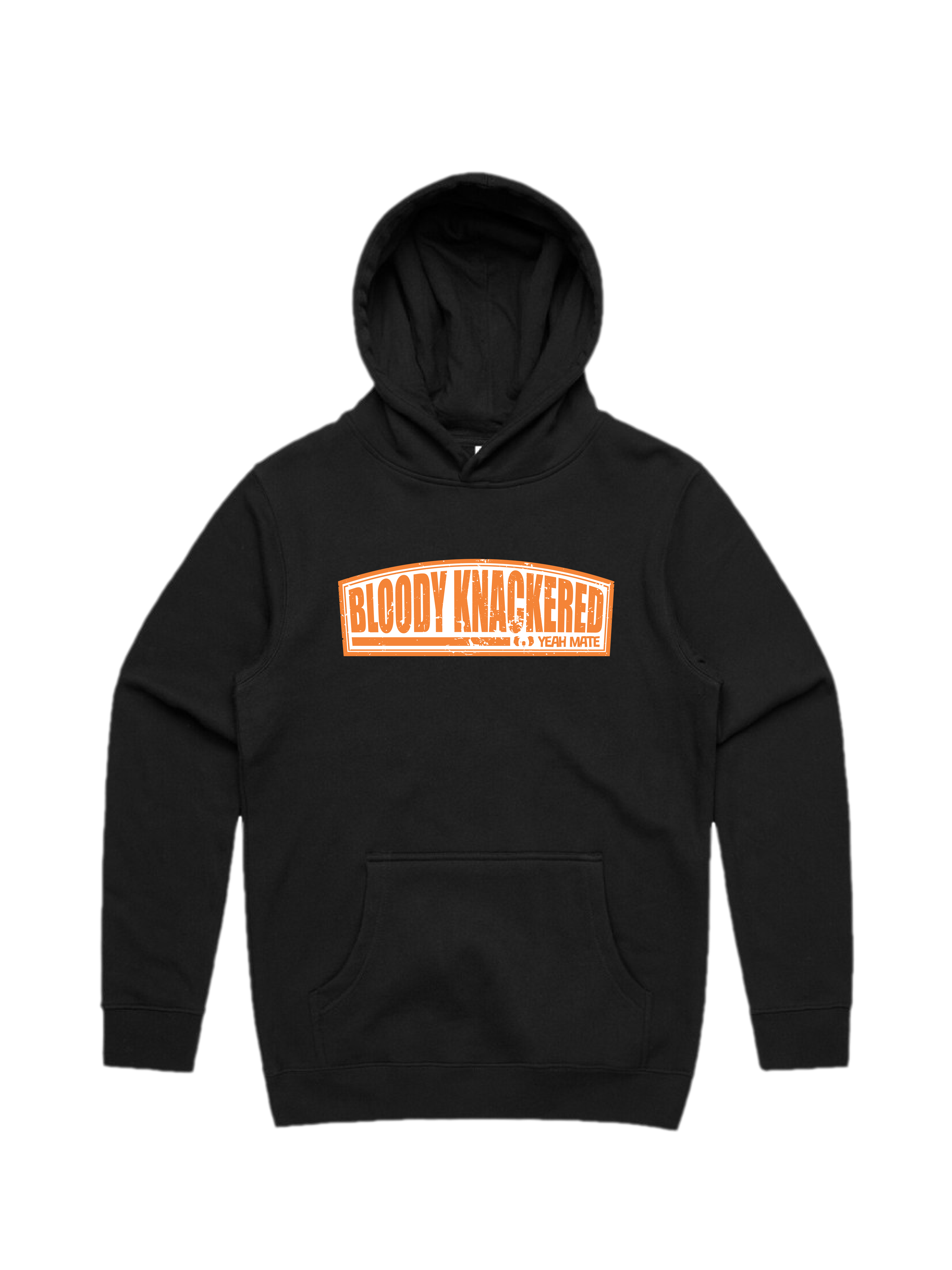Premium Cotton Hoodie - Unisex Fit - Bloody Knackered™ Badge 2 - Black - Yeah Mate Freestyle™ Clothing
