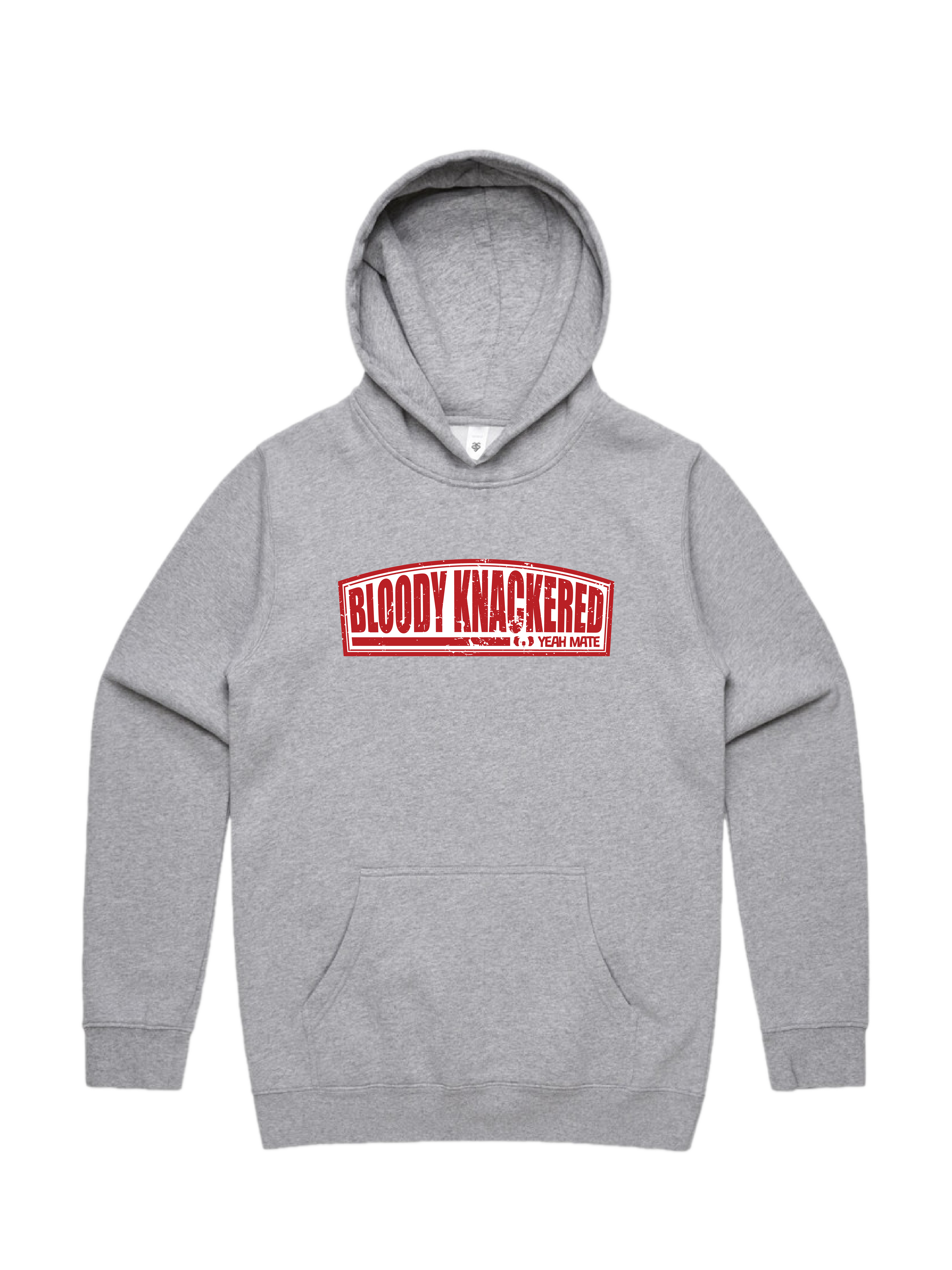 Premium Cotton Hoodie - Unisex Fit - Bloody Knackered™ Badge 2 - Grey Marle - Yeah Mate Freestyle™ Clothing
