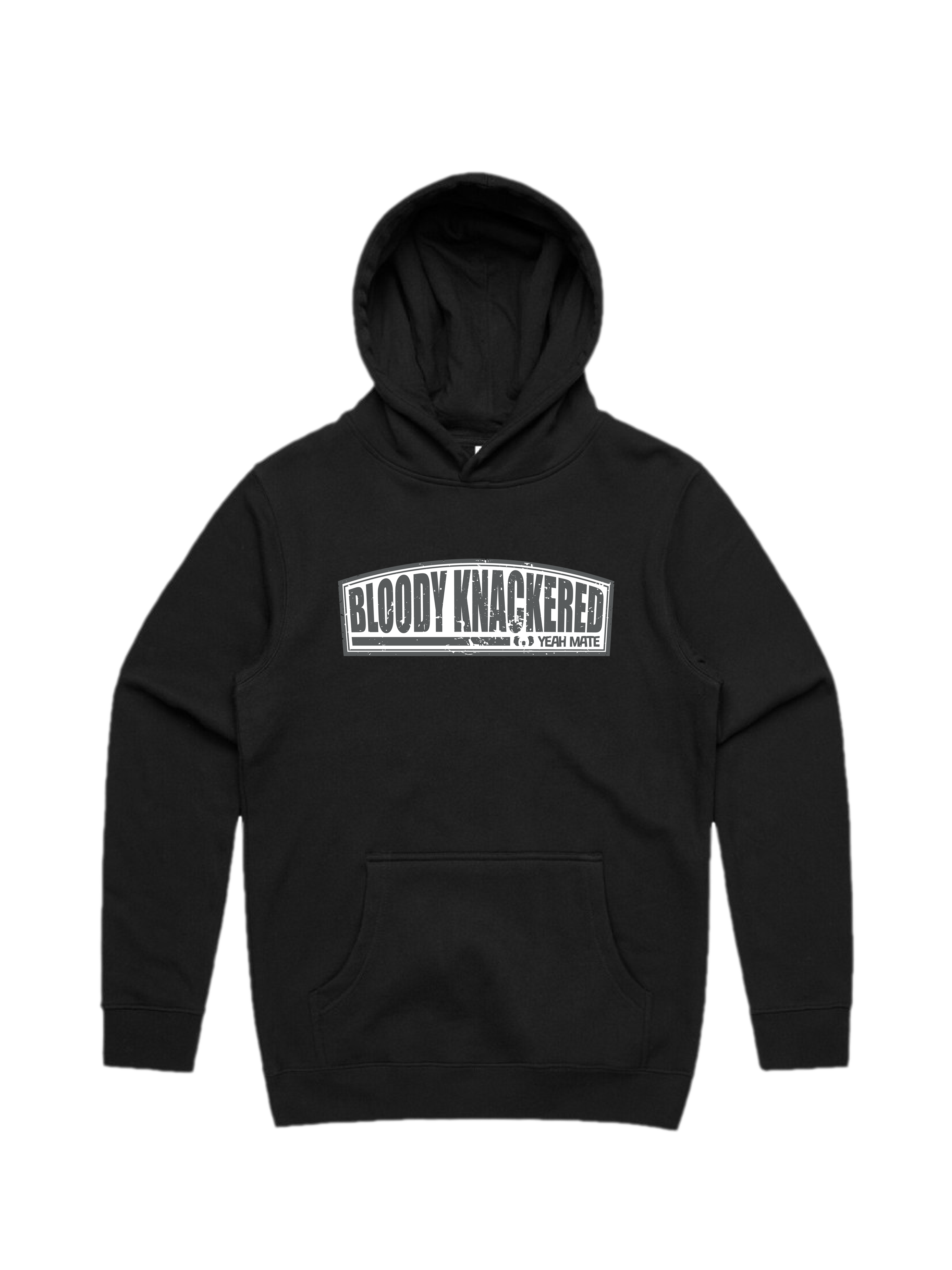 Premium Cotton Hoodie - Unisex Fit - Bloody Knackered™ Badge 5 - Black - Yeah Mate Freestyle™ Clothing
