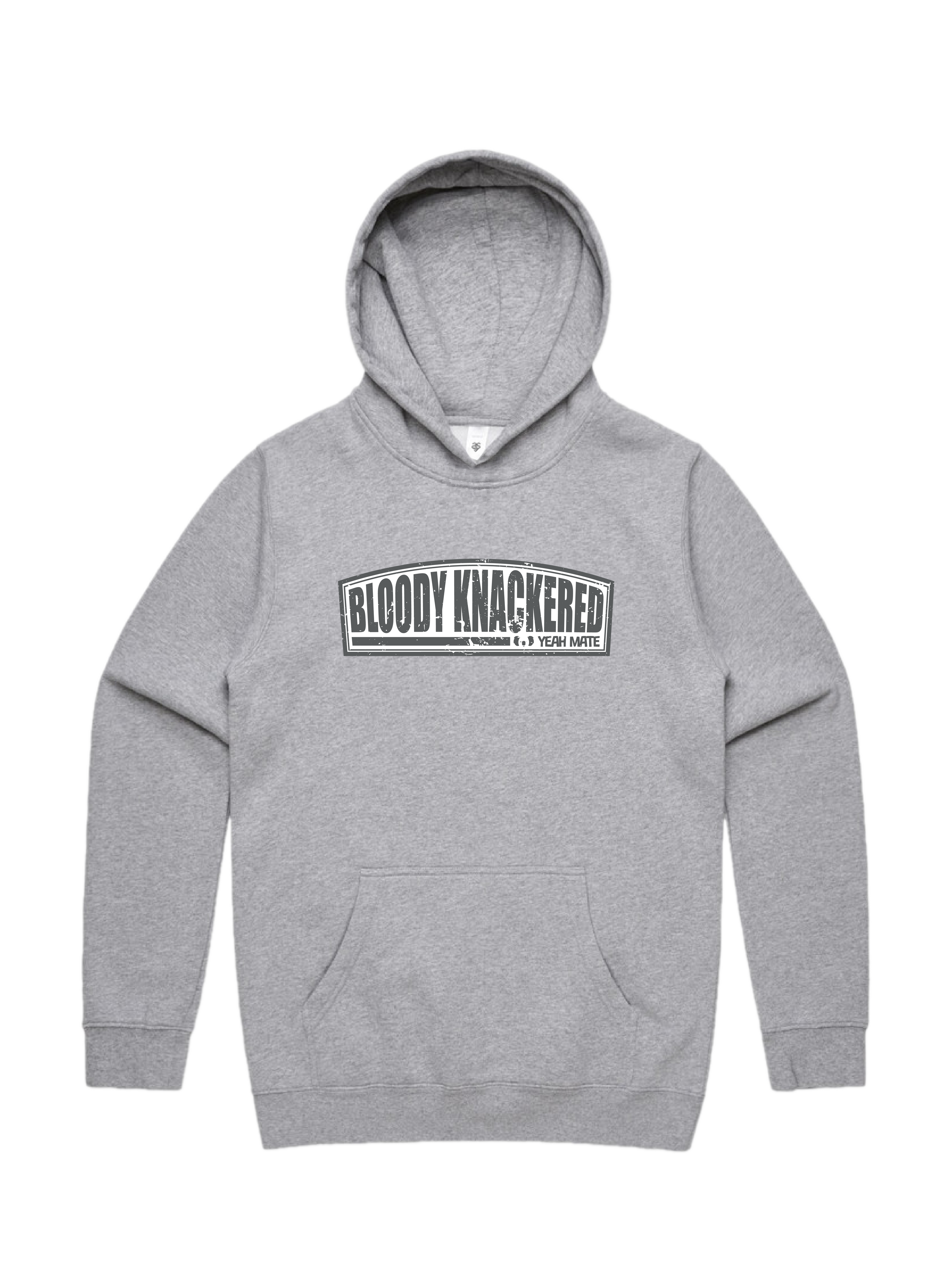 Premium Cotton Hoodie - Unisex Fit - Bloody Knackered™ Badge 5 - Grey Marle - Yeah Mate Freestyle™ Clothing
