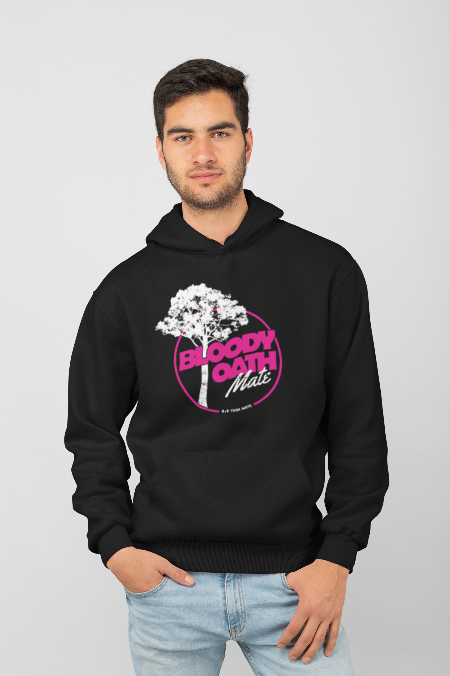 Premium Cotton Hoodie - Unisex Fit - Bloody Oath Mate™ - Black - Yeah Mate Freestyle™ Clothing Male Model
