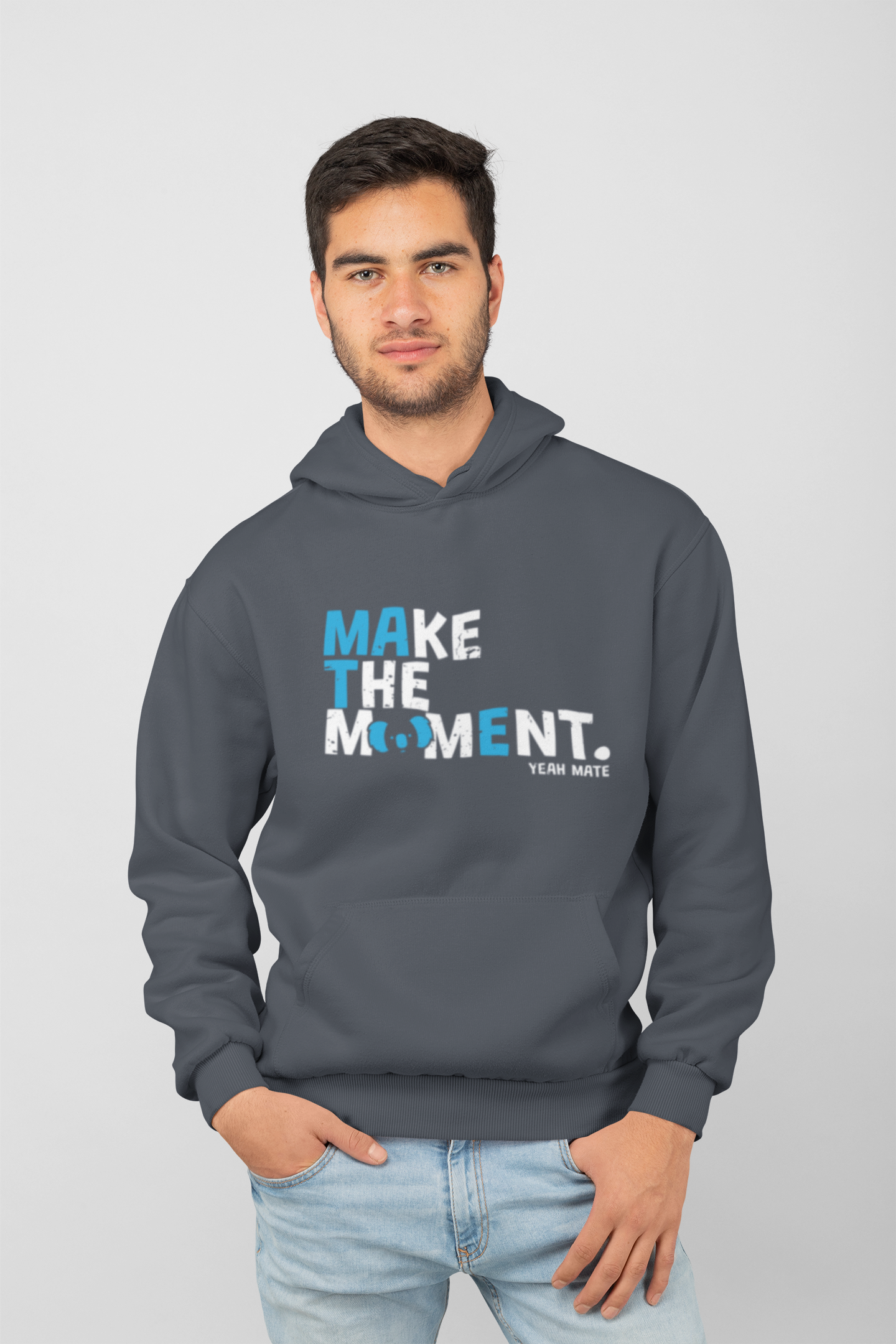 Premium Cotton Hoodie - Unisex Fit - MAKE THE MOMENT™ - Petrol Blue - Yeah Mate Freestyle™ Clothing Male Model
