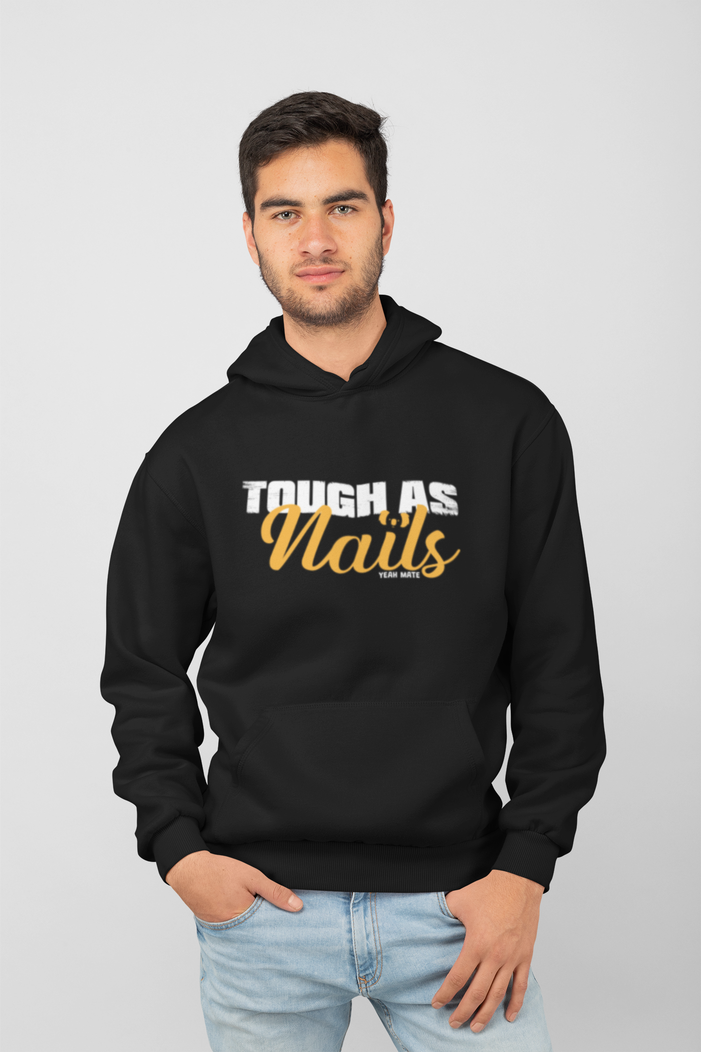 Premium Cotton Hoodie - Unisex Fit - Tough as Nails™ 4 - Black - Yeah Mate Freestyle™ Clothing Man Model
