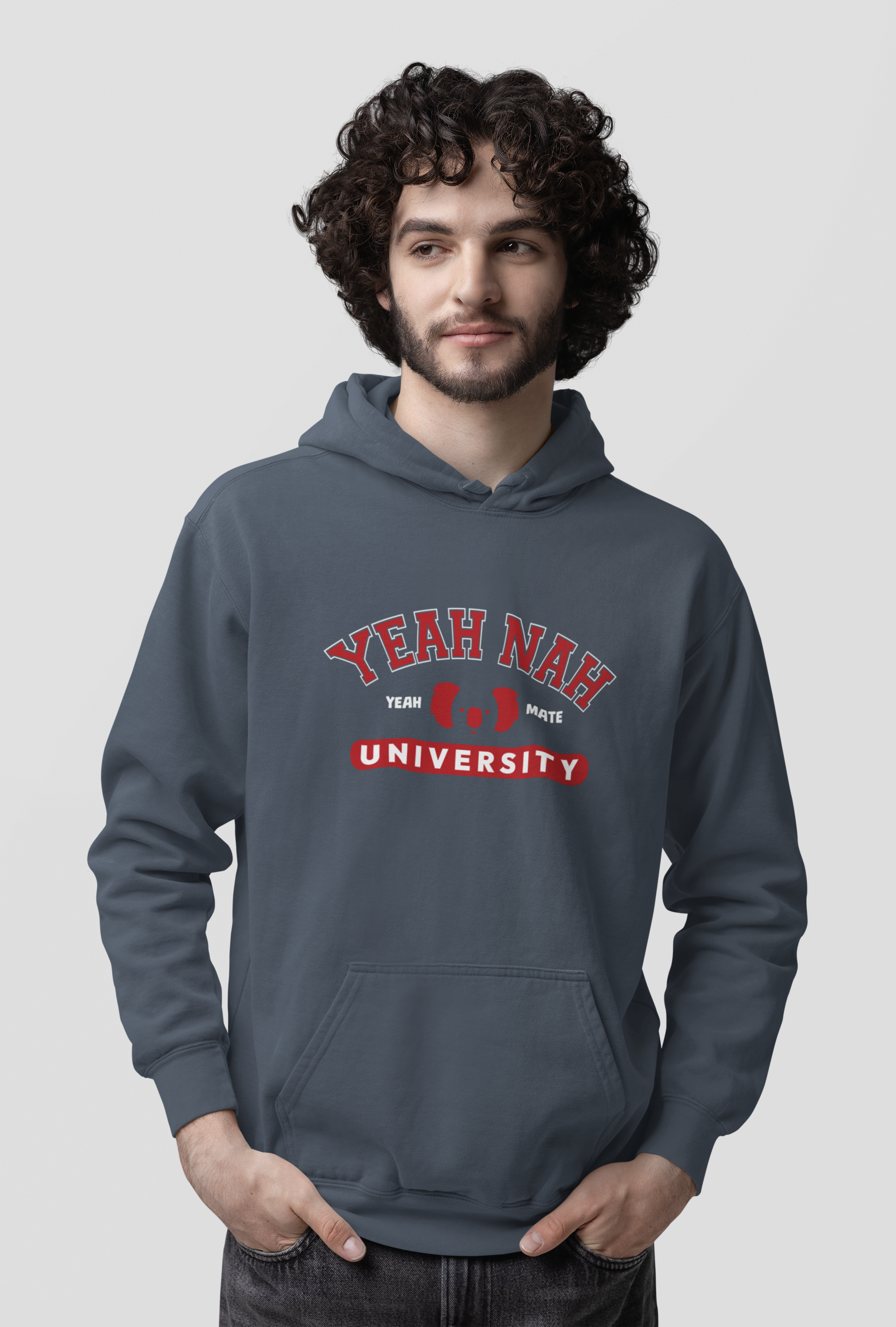 Premium Cotton Hoodie - Unisex Fit - Yeah Nah University™ - Petrol Blue - Yeah Mate Freestyle™ Clothing Male Model
