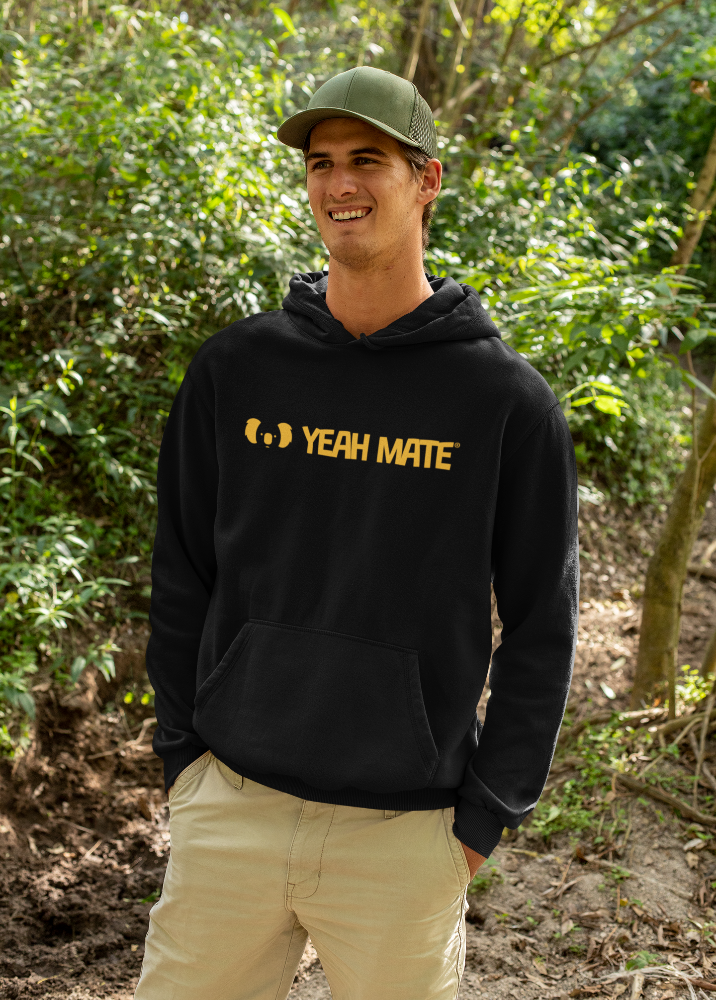 Premium Fit Hoodie - Unisex Fit - Linear Logo 1 - Black  - Yeah Mate Classic™ Clothing
