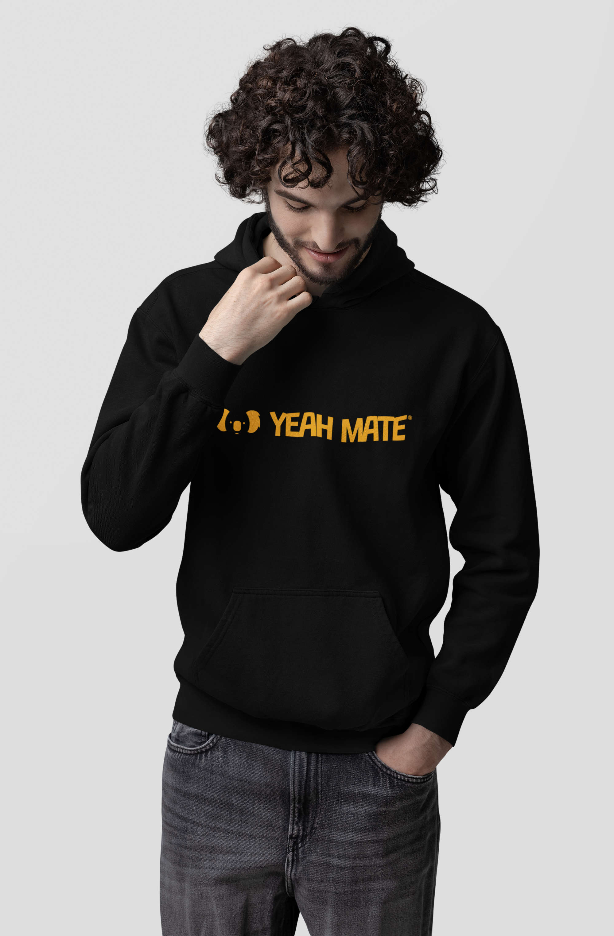 Premium Fit Hoodie - Unisex Fit - YM Linear Logo - Black - Yeah Mate Classic™ Clothing Male Model
