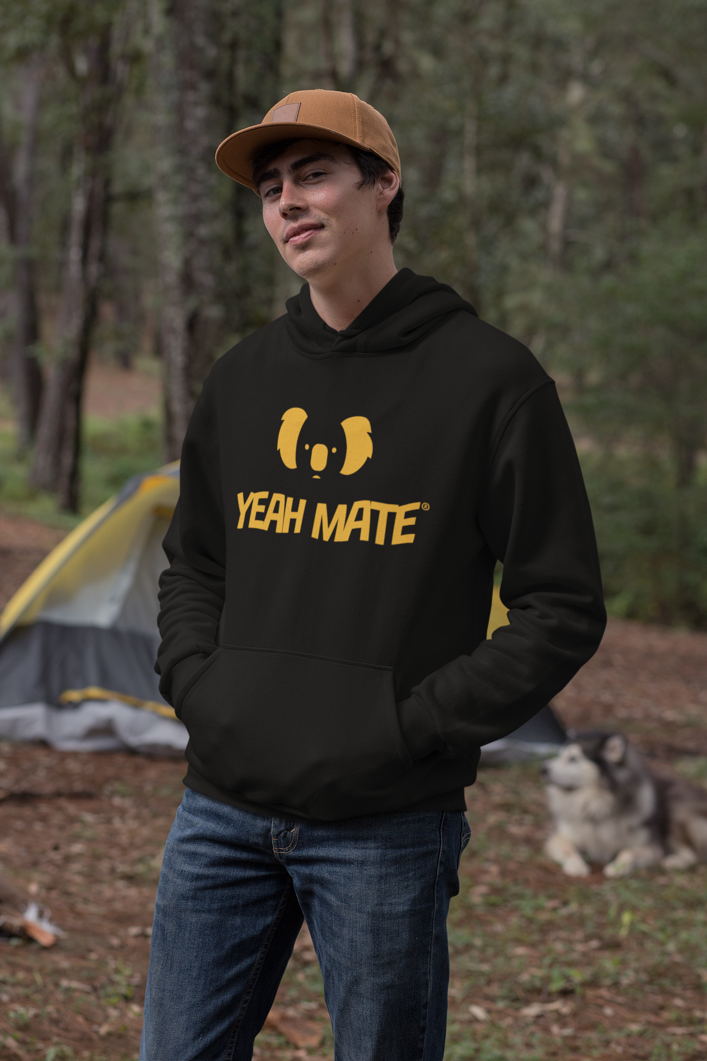 Premium Fit Hoodie - Unisex Fit - YM Stacked Logo - Black - Yeah Mate Classic™ Clothing Male Model