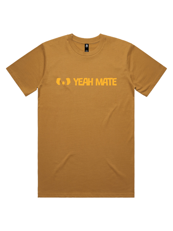 Yeah Mate Linear Logo Mens Tshirt - Yeah Mate Gold / Camel