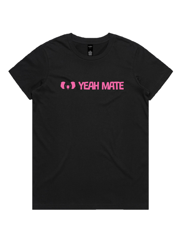 Yeah Mate Linear Logo Ladies Tshirt - Flamin Galah / Black