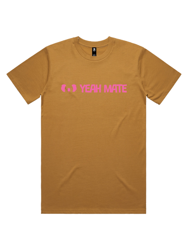 Yeah Mate Linear Logo Mens Tshirt - Sunset Pink / Camel