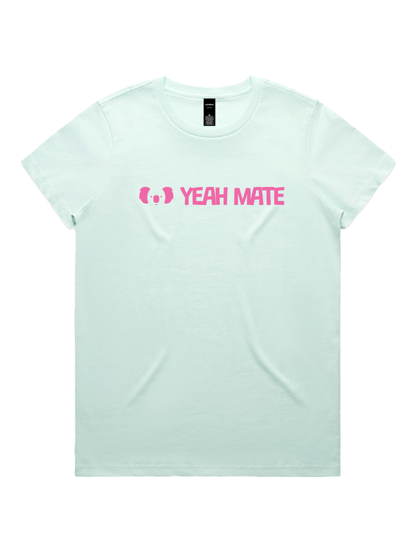 Yeah Mate Linear Logo Ladies Tshirt - Flamin Galah / Seafoam