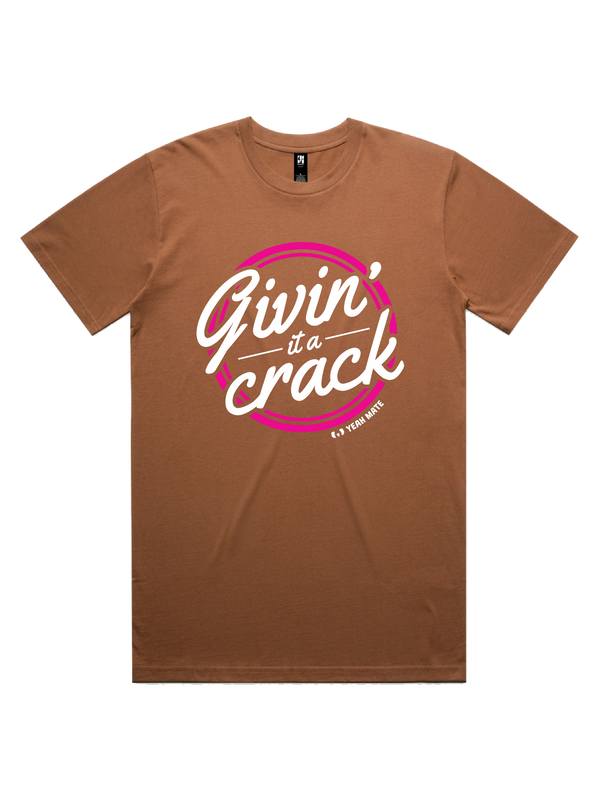 Givin' It a Crack Mens Tshirt - Flaming Galah / Cocoa