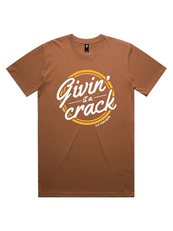 Givin' It a Crack Mens Tshirt - Yeah Mate Gold / Cocoa