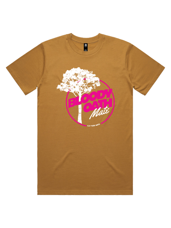 Bloody Oath Mate Mens Tshirt - Flaming Galah / Camel