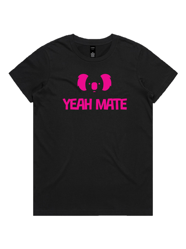Yeah Mate Logo Stacked Ladies Tshirt - Flaming Galah / Black