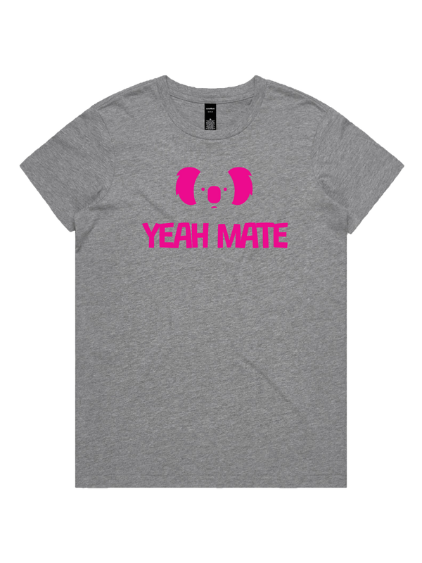 Yeah Mate Logo Stacked Ladies Tshirt - Flaming Galah / Grey Marle