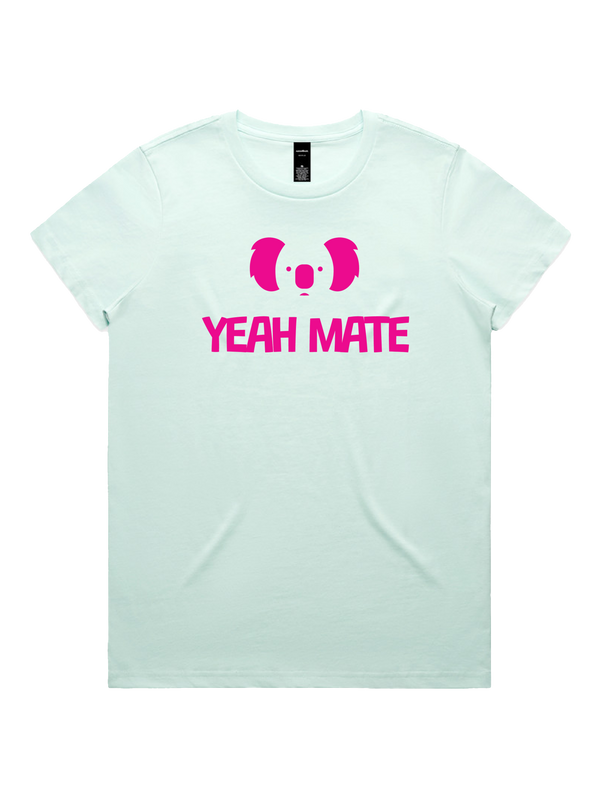 Yeah Mate Logo Stacked Ladies Tshirt - Flaming Galah / Seafoam