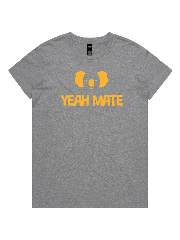 Yeah Mate Logo Stacked Ladies Tshirt - Yeah Mate Gold / Grey Marle